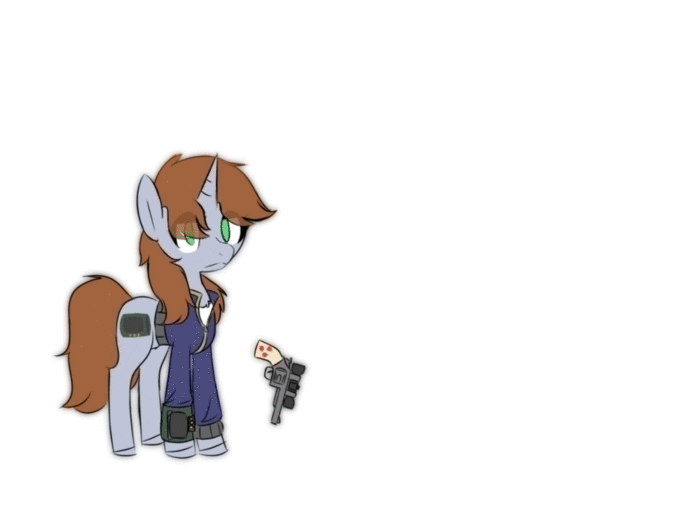 Size: 692x519 | Tagged: safe, artist:provolonepone, oc, oc only, oc:littlepip, species:pony, species:unicorn, fallout equestria, animated, clothing, fanfic, fanfic art, female, gun, handgun, hooves, horn, levitation, little macintosh, magic, mare, optical sight, pipbuck, revolver, simple background, solo, telekinesis, vault suit, weapon, white background
