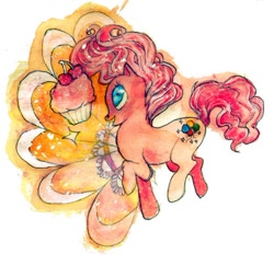 Size: 500x463 | Tagged: safe, artist:muura, character:pinkie pie, species:earth pony, species:pony, abstract background, cupcake, female, food, mare, pronking, solo