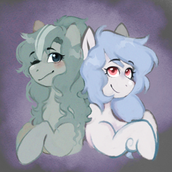 Size: 2000x2000 | Tagged: safe, artist:poofindi, oc, oc only, oc:gusty breeze, oc:nimbus haze, species:pegasus, species:pony, blushing, bust, duo, female, smiling