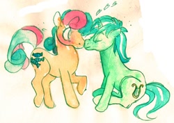 Size: 600x425 | Tagged: safe, artist:muura, character:bon bon, character:lyra heartstrings, character:sweetie drops, species:earth pony, species:pony, species:unicorn, ship:lyrabon, blushing, boop, female, lesbian, mare, noseboop, shipping, traditional art, watercolor painting