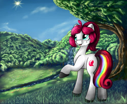 Size: 2000x1650 | Tagged: safe, artist:appleneedle, artist:com3tfire, oc, oc only, species:earth pony, species:pony, art, brony, character, collaboration, digital, digital art, draw, drawing, fanart, forest, grass, nature, paint, painting, pinkerry, pinkerrysite, river, scenery, sky, solo, sun, tree, waterfall