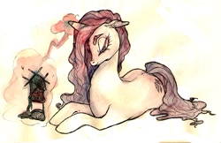 Size: 700x453 | Tagged: safe, artist:muura, character:rarity, species:pony, species:unicorn, craft, female, floppy ears, knitting, magic, mare, prone, solo, thick eyebrows, traditional art, watercolor painting