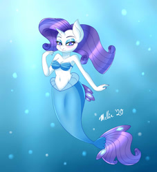 Size: 2000x2200 | Tagged: safe, artist:melliedraws, character:rarity, species:anthro, belly button, blushing, breasts, cleavage, female, mermaid, mermaidized, seashell bra, solo, species swap