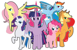 Size: 1224x792 | Tagged: safe, artist:willoillo, character:applejack, character:fluttershy, character:pinkie pie, character:rainbow dash, character:rarity, character:twilight sparkle, character:twilight sparkle (alicorn), species:alicorn, species:earth pony, species:pegasus, species:pony, species:unicorn, cutie mark background, group shot, mane six, simple background, smiling, transparent background