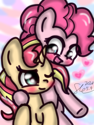 Size: 1080x1440 | Tagged: safe, artist:starflashing twinkle, character:pinkie pie, character:sunset shimmer, species:alicorn, species:earth pony, species:pony, ship:sunsetpie, blushing, cute, female, hooves, lesbian, shipping