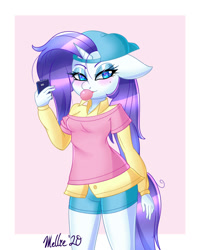 Size: 1200x1500 | Tagged: safe, artist:melliedraws, character:rarity, species:anthro, species:pony, species:unicorn, alternate hairstyle, backwards ballcap, baseball cap, blushing, bubblegum, cap, cellphone, clothing, disguise, eyeshadow, female, floppy ears, food, gum, hat, makeup, mare, messy mane, phone, plainity, shorts, smartphone