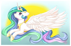 Size: 3300x2148 | Tagged: safe, artist:pillonchou, character:princess celestia, species:alicorn, species:pony, cute, cutelestia, female, high res, mare, profile, solo, speedpaint available, spread wings, sun, wings