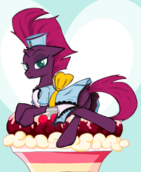 Size: 1696x2073 | Tagged: safe, artist:sallycars, character:fizzlepop berrytwist, character:tempest shadow, species:pony, species:unicorn, my little pony: the movie (2017), apron, bedroom eyes, butt, clothing, colored pupils, cute, dress, female, floppy ears, food, hat, ice cream, legitimately amazing mspaint, looking at you, mare, ms paint, plot, prone, solo, tempestbetes, waitress