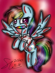 Size: 1242x1656 | Tagged: safe, artist:starflashing twinkle, character:rainbow dash, species:pegasus, species:pony, fanfic:rainbow factory, blood, cutie mark, evil, female, needle tube, rainbow factory dash, solo, spectra, wings
