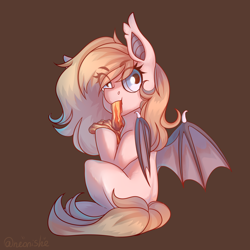Size: 2000x2000 | Tagged: safe, artist:neonishe, oc, species:bat pony, species:pony, bacon, bat pony oc, bat wings, chibi, food, meat, ponies eating meat, simple background, solo, wings