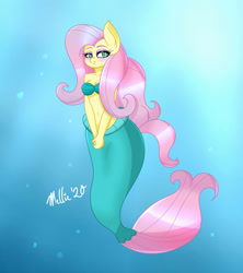 Size: 1600x1800 | Tagged: safe, artist:melliedraws, character:fluttershy, species:anthro, belly button, breasts, bubble, cleavage, mermaid, mermaidized, midriff, seashell bra, species swap, underwater, water