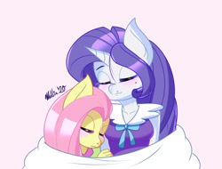 Size: 1450x1100 | Tagged: safe, artist:melliedraws, character:fluttershy, character:rarity, species:anthro, species:pegasus, species:pony, species:unicorn, ship:rarishy, blushing, clothing, cuddling, cute, eyes closed, female, lesbian, mare, mole, shipping, simple background, smiling, weapons-grade cute