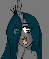 Size: 720x867 | Tagged: safe, artist:memengla, character:queen chrysalis, species:human, bust, eye clipping through hair, female, gray background, hair over one eye, horn, horned humanization, humanized, open mouth, simple background, solo, tongue out