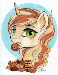 Size: 852x1090 | Tagged: safe, artist:lailyren, character:sweet biscuit, species:pony, species:unicorn, bust, cookie, cute, female, food, looking at you, mare, mouth hold