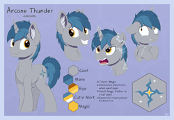 Size: 6059x4184 | Tagged: safe, artist:arcane-thunder, oc, oc only, oc:arcane thunder, species:pony, species:unicorn, angry, crying, cutie mark, electricity, fangs, horn, lightning, male, reference sheet, simple background, solo, stallion, unicorn oc