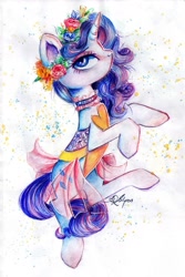Size: 1024x1530 | Tagged: safe, artist:lailyren, character:rarity, species:pony, species:unicorn, clothing, dress, female, floral head wreath, flower, mare, signature, solo, speedpaint available, traditional art