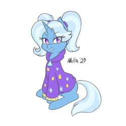 Size: 1200x1200 | Tagged: safe, artist:melliedraws, gameloft, character:trixie, species:pony, species:unicorn, alternate hairstyle, babysitter trixie, clothing, female, gameloft interpretation, jacket, looking at you, mare, pigtails, simple background, sitting, solo, twintails, white background