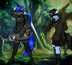 Size: 3779x3401 | Tagged: safe, artist:willymon, oc, oc only, oc:tinker doo, species:anthro, species:bat pony, blindfold, blushing, boots, clothing, cosplay, costume, crossdressing, glasses, male, nier: automata, shoes, sword, weapon