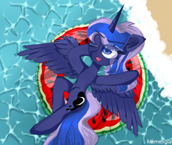 Size: 1865x1575 | Tagged: safe, artist:memengla, character:princess luna, species:alicorn, species:pony, beach, eye clipping through hair, female, inner tube, mare, on back, one eye closed, solo, spread wings, water, wings