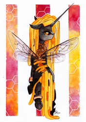 Size: 1024x1450 | Tagged: safe, artist:lailyren, oc, oc only, oc:coucabeille, species:changeling, species:pony, bee, beeling, bug pony, changeling oc, changeling queen, changeling queen oc, commission, fanfic art, female, insect, mare, queen bee, solo, traditional art, watercolor painting, writer:malvagio, yellow changeling