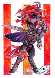 Size: 1024x1450 | Tagged: safe, artist:lailyren, oc, oc only, oc:tsartsaa, species:changeling, species:pony, bug pony, changeling oc, changeling queen, changeling queen oc, commission, fanfic art, female, insect, locust, mare, red changeling, solo, traditional art, watercolor painting, writer:malvagio