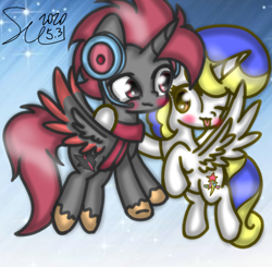 Size: 1100x1080 | Tagged: safe, artist:starflashing twinkle, oc, oc:starflashing twinkle, oc:strong wind, species:alicorn, species:pony, alicorn oc, blep, clothing, cute, earbuds, flying, happy, hooves, horn, hug, microphone, scarf, smiling, tongue out, wings