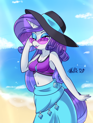 Size: 1350x1800 | Tagged: safe, artist:melliedraws, character:rarity, species:anthro, species:pony, species:unicorn, g4, my little pony: equestria girls, my little pony:equestria girls, beach, belly button, bikini, breasts, cleavage, clothing, equestria girls outfit, female, glasses, hat, looking at you, mare, one eye closed, outdoors, sarong, solo, stupid sexy rarity, swimsuit, wink