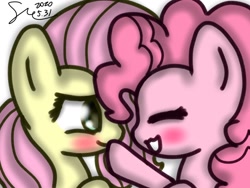 Size: 1080x810 | Tagged: safe, artist:starflashing twinkle, character:fluttershy, character:pinkie pie, species:earth pony, species:pegasus, species:pony, ship:flutterpie, blushing, boop, cute, female, lesbian, shipping, simple background, smiling, white background