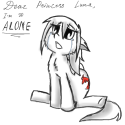 Size: 500x500 | Tagged: safe, artist:askponybrandenburg, species:pegasus, species:pony, ask, bored, brandenburg, chest fluff, crying, hetalia, implied princess luna, lonely, looking up, partial color, ponified, sitting, solo, talking