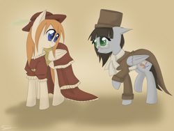Size: 2048x1536 | Tagged: safe, artist:askponybrandenburg, species:pegasus, species:pony, brandenburg, clothing, dress, duo, female, glasses, hat, hetalia, looking at each other, mare, ponified, raised hoof, scarf, top hat