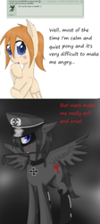 Size: 940x2104 | Tagged: safe, artist:askponybrandenburg, species:pegasus, species:pony, ask, blood, brandenburg, clothing, cross, female, hat, hetalia, jewelry, latex, latex boots, mare, necklace, ponified, riding crop, thinking