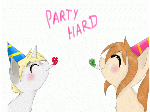 Size: 480x360 | Tagged: safe, artist:askponybrandenburg, species:pegasus, species:pony, species:unicorn, animated, ask, brandenburg, clothing, duo, eyes closed, female, gif, hat, hetalia, mare, party hat, party horn, ponified, simple background, white background
