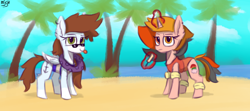 Size: 4500x2000 | Tagged: safe, artist:mjsw, oc, oc only, oc:majuvelliy, species:pegasus, species:pony, species:unicorn, beach, clothing, duo, female, food, ice cream, magic, mare, mlem, silly, sketch, swimsuit, tongue out