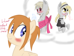 Size: 2048x1536 | Tagged: safe, artist:askponybrandenburg, character:derpy hooves, species:pegasus, species:pony, ask, blushing, brandenburg, choker, clothing, crossdressing, daydream, female, gift wrapped, hetalia, looking up, maid, maid headdress, male, mare, ponified, prussia, smiling, stallion