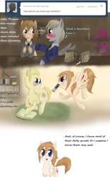 Size: 695x1111 | Tagged: safe, artist:askponybrandenburg, species:earth pony, species:pegasus, species:pony, alcohol, ask, beer, beer mug, blushing, brandenburg, clothing, comic, drunk, female, flying, germany, hetalia, male, mare, mouth hold, necktie, ponified, prone, prussia, stallion