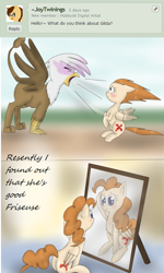 Size: 501x837 | Tagged: safe, artist:askponybrandenburg, character:gilda, species:griffon, species:pony, altered reflection, alternate hairstyle, ask, brandenburg, comic, eyes closed, female, hetalia, mare, mirror, open mouth, ponified, reflection, sitting, yelling