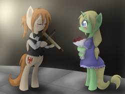 Size: 2048x1536 | Tagged: safe, artist:askponybrandenburg, species:pony, species:unicorn, blushing, bouquet, bow tie, brandenburg, clothing, dress, duo, eyes closed, female, flower, hetalia, hoof hold, musical instrument, ponified, semi-anthro, smiling, south africa, violin