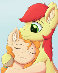 Size: 1589x1985 | Tagged: safe, artist:arcane-thunder, character:bright mac, character:pear butter, species:earth pony, species:pony, newbie artist training grounds, ship:brightbutter, atg 2020, brightabetes, cheek fluff, chest fluff, cute, ear fluff, eyes closed, female, gradient background, hug, male, mare, pearabetes, shipping, simple background, smiling, stallion, straight