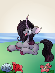 Size: 750x1000 | Tagged: safe, artist:huffy26, character:oleander, species:classical unicorn, species:pony, species:unicorn, newbie artist training grounds, them's fightin' herds, atg 2020, awwleander, cloven hooves, cute, female, flower, leonine tail, prone, solo, unshorn fetlocks