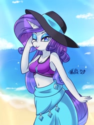 Size: 1350x1800 | Tagged: safe, alternate version, artist:melliedraws, character:rarity, species:anthro, species:pony, species:unicorn, g4, my little pony: equestria girls, my little pony:equestria girls, beach, belly button, bikini, breasts, cleavage, clothing, equestria girls outfit, female, hat, looking at you, mare, one eye closed, outdoors, sarong, solo, stupid sexy rarity, swimsuit, wink