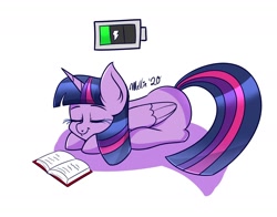 Size: 1400x1100 | Tagged: safe, artist:melliedraws, character:twilight sparkle, character:twilight sparkle (alicorn), species:alicorn, species:pony, newbie artist training grounds, battery, book, charging, eyes closed, female, lying down, mare, open book, simple background, sleeping, smiling, solo, white background