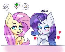 Size: 1500x1200 | Tagged: safe, artist:melliedraws, character:fluttershy, character:rarity, species:pegasus, species:pony, species:rabbit, species:unicorn, newbie artist training grounds, ship:rarishy, animal, blushing, eyeshadow, female, flower, heart, heart eyes, hooves together, lesbian, makeup, mare, mole, pictogram, shipping, speaking in images, tree, wingding eyes