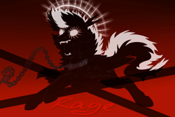 Size: 1280x853 | Tagged: safe, artist:raychelrage, oc, species:pegasus, species:pony, chains, collar, fangs, glowing eyes, gradient background, limited palette, selective color, solo