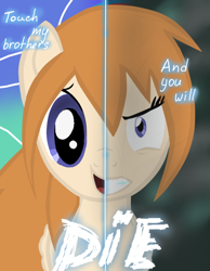 Size: 600x773 | Tagged: safe, artist:askponybrandenburg, species:pegasus, species:pony, angry, brandenburg, bust, female, frown, hetalia, mare, ponified, smiling, solo, split screen, text, two sided posters