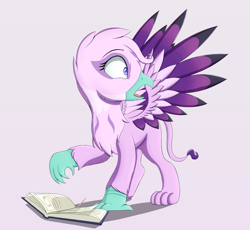 Size: 1874x1724 | Tagged: safe, artist:arcane-thunder, character:starlight glimmer, species:griffon, newbie artist training grounds, atg 2020, beak, book, female, griffonized, open beak, open mouth, shocked, simple background, species swap, spell gone wrong, spread wings, transformation, wings