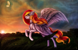 Size: 1504x968 | Tagged: safe, artist:raychelrage, oc, oc only, species:pegasus, species:pony, butterfly, insect, ladybug, scenery, solo, sunset