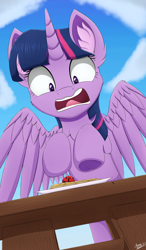 Size: 1164x1996 | Tagged: safe, artist:arcane-thunder, character:twilight sparkle, character:twilight sparkle (alicorn), species:alicorn, species:pony, newbie artist training grounds, atg 2020, cheek fluff, chest fluff, cloud, coccinellidaephobia, ear fluff, fear, female, food, frog (hoof), insect, ladybug, mare, open mouth, quesadilla, rearing, sky, solo, spread wings, standing, teeth, they're just so cheesy, turophobia, twilight hates ladybugs, underhoof, wings