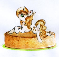 Size: 1024x997 | Tagged: safe, artist:lailyren, character:sweet biscuit, species:pony, species:unicorn, crossed legs, female, looking back, mare, smiling, solo, sponge cake, traditional art, underhoof