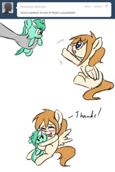 Size: 670x1000 | Tagged: safe, artist:askponybrandenburg, character:lyra heartstrings, species:pegasus, species:pony, ask, blushing, brandenburg, eyes closed, female, hetalia, hug, looking up, mare, offscreen character, open mouth, plushie, ponified, tumblr