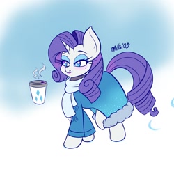 Size: 1800x1800 | Tagged: safe, artist:melliedraws, character:rarity, species:pony, species:unicorn, newbie artist training grounds, clothing, coat, coffee, female, scarf, solo, winter outfit